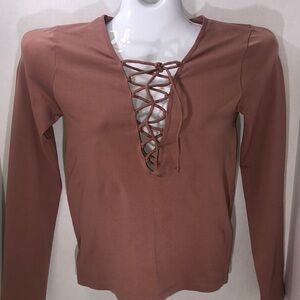 Forever 21 Women's Lace Up Crisscross Long Sleeve V-Neck Rib-Knit Mauve Size M/L